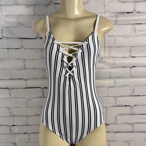 Nautica One-Piece Swimsuit – White & Navy Striped Lace-Up Front, Size M - Picture 1 of 7